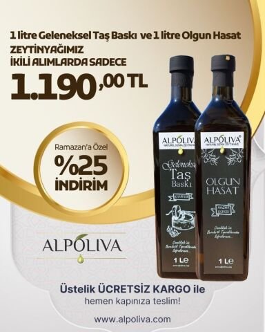 Alpoliva 1 Litre Geleneksel Taş Baskı ve 1 Litre Olgun Hasat Zeytinyağı kampanya