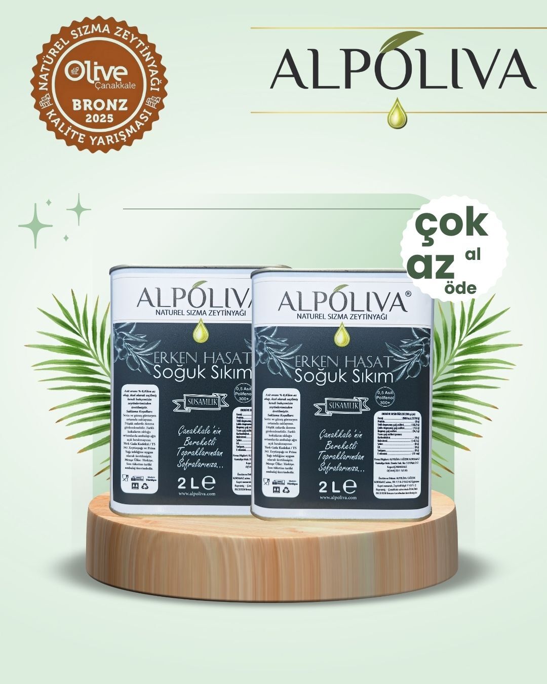 2 adet 2 litre natürel sızma zeytinyağı | Susamlık bahçemizden | Alpoliva